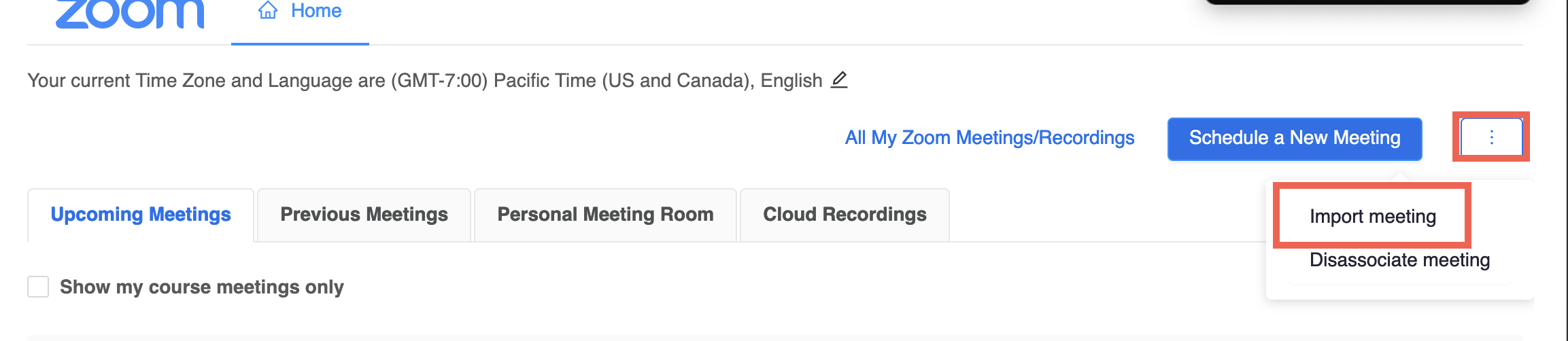 The image shows to click on the three dots and then Import meeting once you are in Zoom in Canvas.