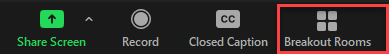 The image shows where you can find the button Breakout Rooms in the lower right corner of a Zoom meeting
