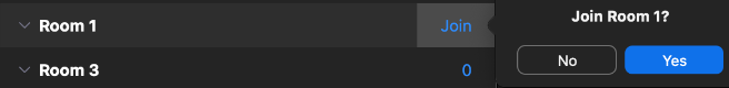 This image shows that for Mac users, they should hover over the number beside the Room they want to join and then click on Join and then Yes to join the room