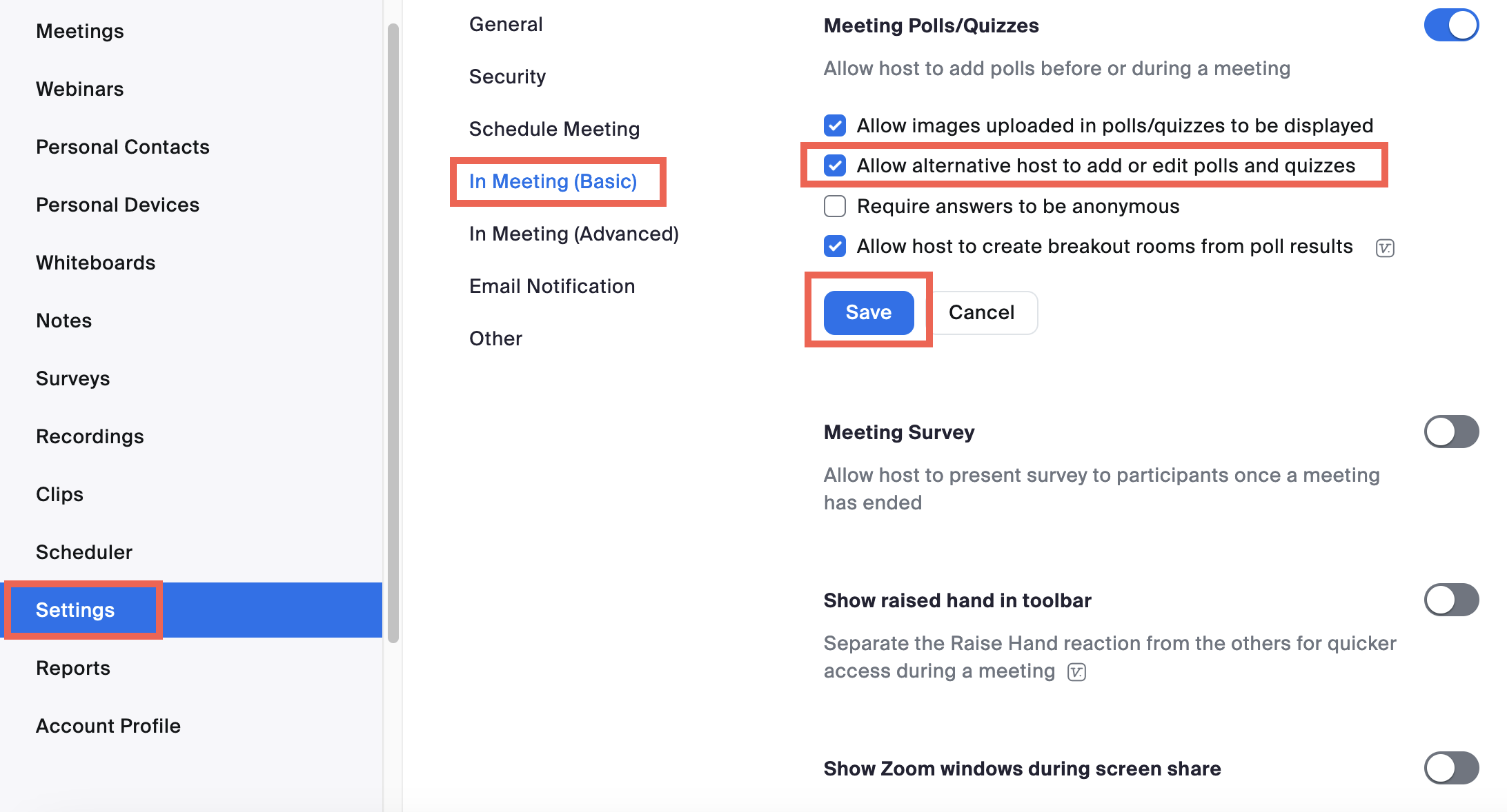 This image shows in Meeting (Basic), to select the “Allow alternative host to add or edit polls and quizzes” option