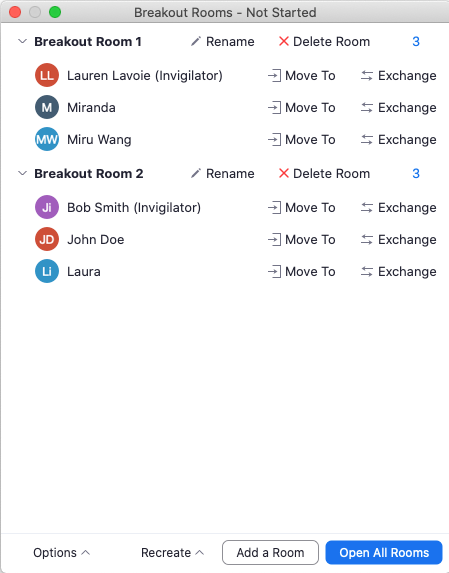 The image shows the pop-up window that allows the host to move participants to different breakout rooms and exchange them with other participants.