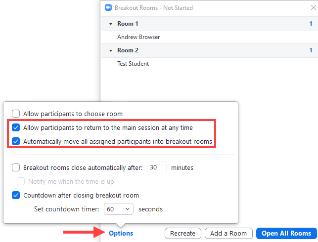 The image shows the options for breakout rooms.