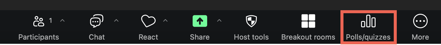 This image shows where to find the Polls/quizzes option from the control menu in a Zoom menu. It can be found in the lower right area of the menu.