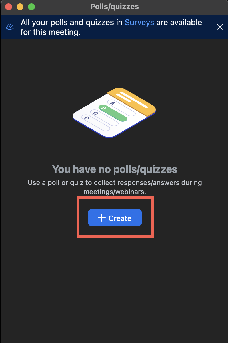 The image shows the pop-up window that appears and to click on the blue +Create button.