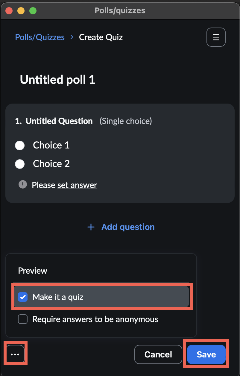 The image shows to click on the three dots in the lower left corner and then on "Make it a quiz" to create a quiz.