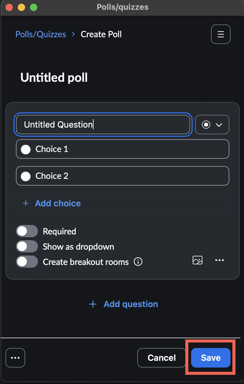The image shows th click on "Save" once you ready to create the quiz.