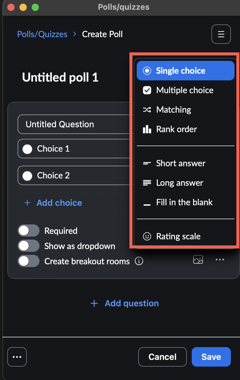 The image shows the question type options after clicking on the circle icon.