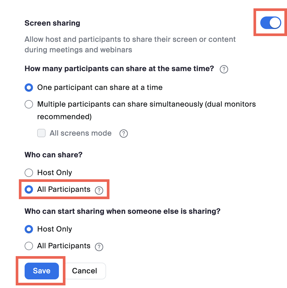 The image shows the Screen sharing settings in which All participants has been selected under Who can share?