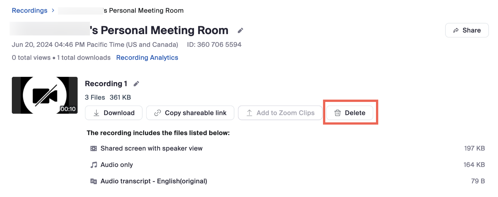 This image shows to click on the button Delete once in Cloud Recordings to delete your recording.