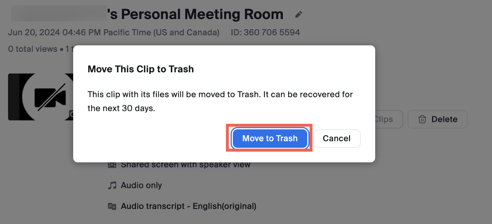 The image shows the pop-up window that appears when you click on Delete. Click on Move to Trash.