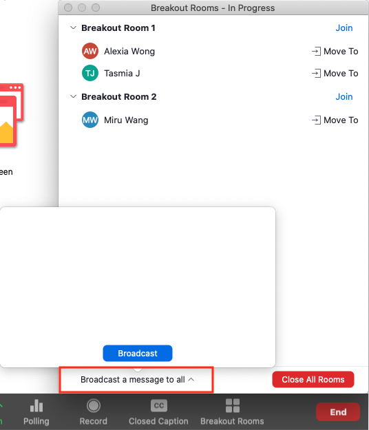 The image shows that where the host can click to broadcast a message to everyone.