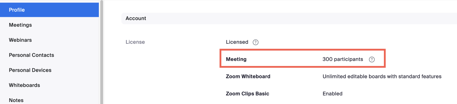 The image shows to see the maximum capacity for metings under Profile.